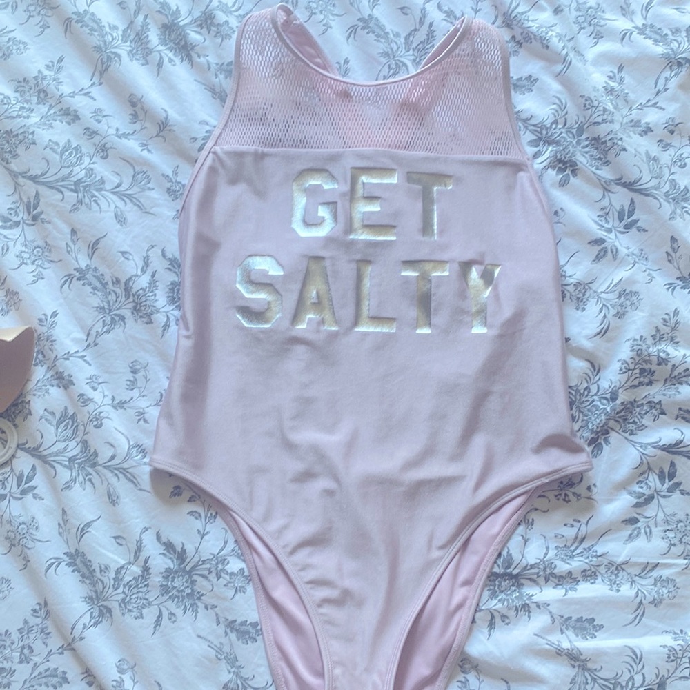 Pink and silver one piece high cut swimming suit
